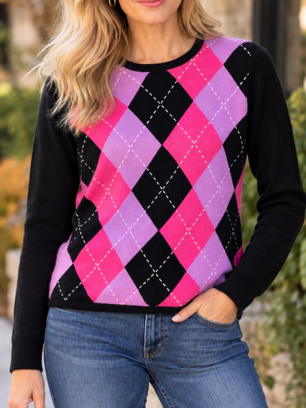 Vintage Chadwick’s L 100% Cashmere Argyle Sweater Preppy Black Pink Purple Y2K